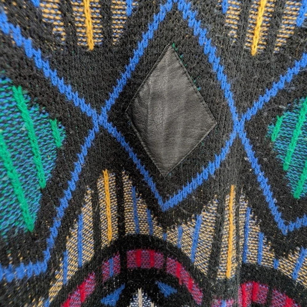 Vintage‎ 80s 90s Graphic Knit Sweater Leather Applique Grandpacore Coogi Style M